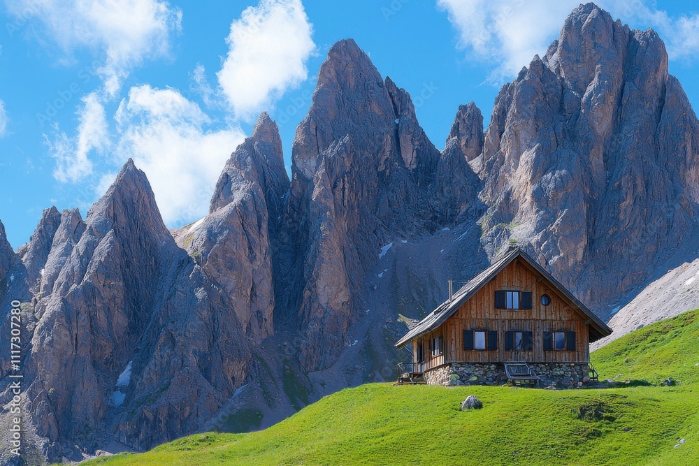 Wooden hut nestled in a green valley beneath towering, jagged peaks under a blue sky. Wooden hut nestled in a green valley beneath towering, jagged peaks under a blue sky.