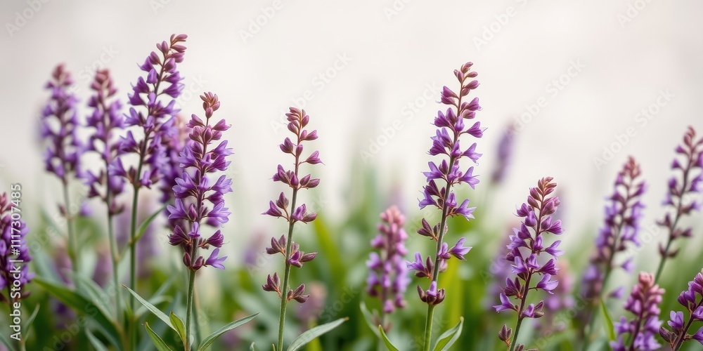 Naklejka premium A vibrant display of delicate purple wildflowers in a verdant field, showcasing the intricate beauty of nature's simple elegance.