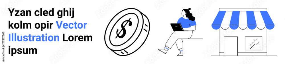 Coin with dollar sign, person using laptop, storefront with blue-striped awning. Ideal for business, finance, e-commerce, marketing, online shopping, small business, entrepreneurship. Landing page Coin with dollar sign, person using laptop, storefront with blue-striped awning. Ideal for business, finance, e-commerce, marketing, online shopping, small business, entrepreneurship. Landing page