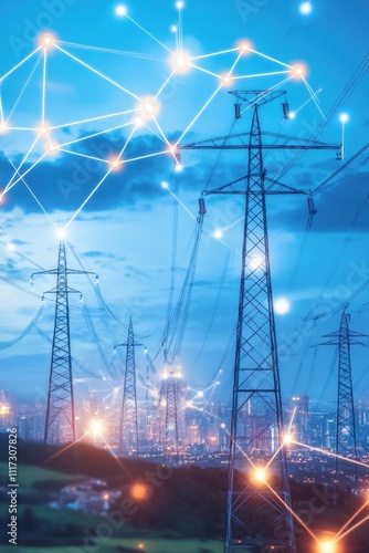 Power lines against a city skyline, illuminated by network connections.