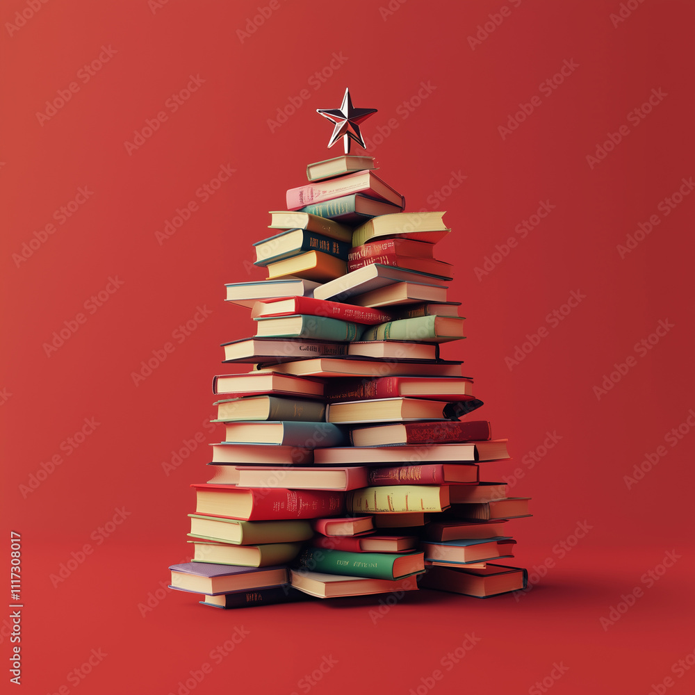A Christmas tree made of books on a red background, A Christmas tree made of books on a red background,