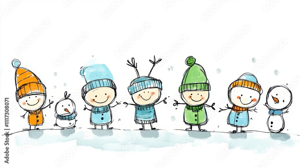 Fototapeta premium Cheerful Winter Scene with Cartoon Characters Holding Hands, Snowman and Snowflakes, Perfect for Holiday Themes and Seasonal Celebrations