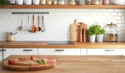 Stylish kitchen space featuring a countertop that complements classic white tiles.