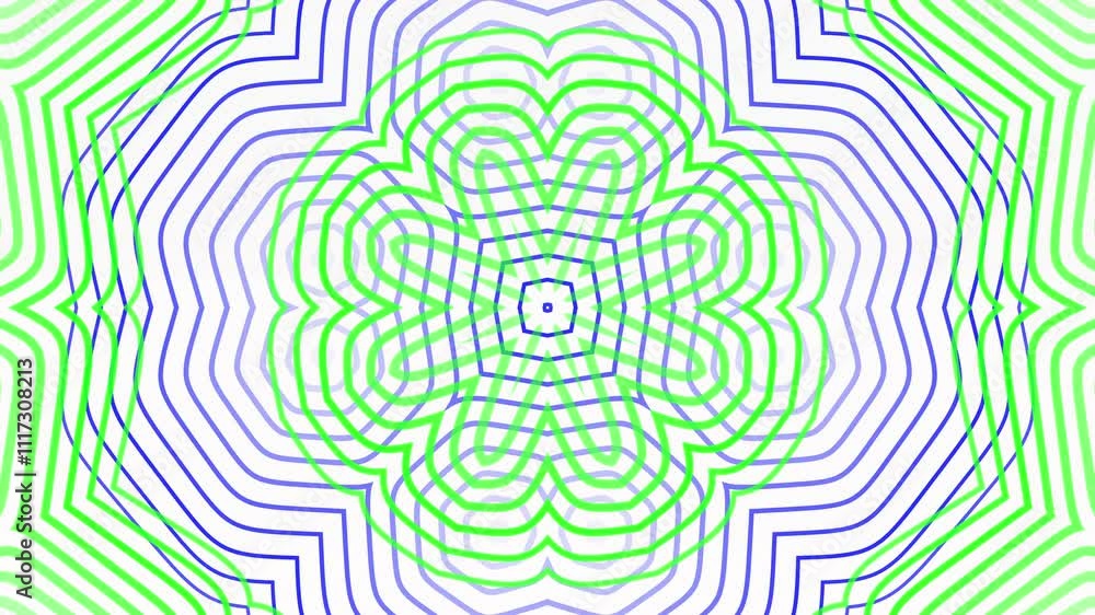 3d animation Stunning pattern of moving geometric shapes stacked with blue and green lines, emitting soft light rotating repeatedly and amazingly.