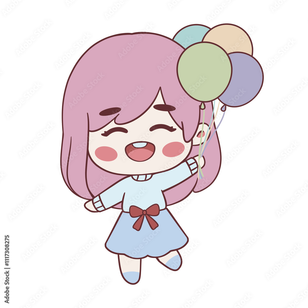 Isolated hand-drawn illustration of a cute girl holding colourful balloons and smiling happily suitable for use as a sticker with the theme of birthday parties, festivals, etc. Isolated hand-drawn illustration of a cute girl holding colourful balloons and smiling happily suitable for use as a sticker with the theme of birthday parties, festivals, etc.
