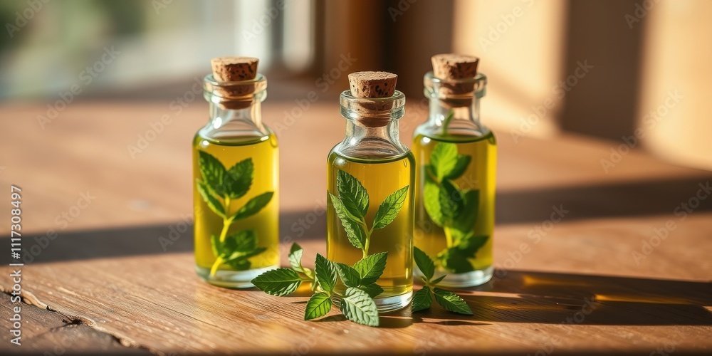 Three Small Glass Bottles Filled with Yellow Liquid and Green Leaves, Resting on a Wooden Surface with Natural Light Streaming In Three Small Glass Bottles Filled with Yellow Liquid and Green Leaves, Resting on a Wooden Surface with Natural Light Streaming In