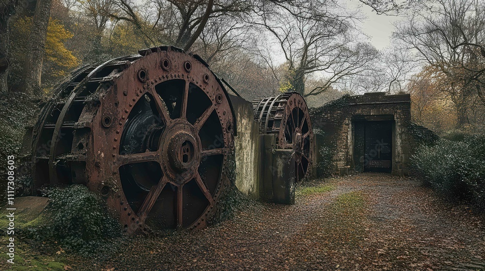 Fototapeta premium Abandoned industrial site with large rusted gears in a forest setting.