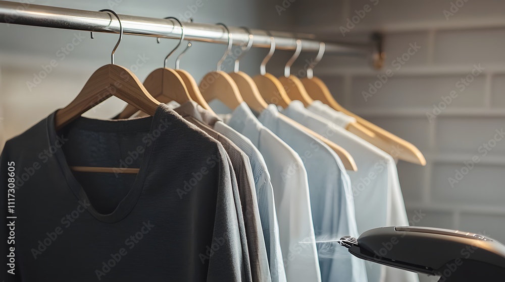 Obraz premium A Set of Freshly Ironed Clothes Hanging Neatly on Hangers in a Minimalistic Closet with a Steamer in Focus, Ideal for Wardrobe Organization and Home Decor Inspiration