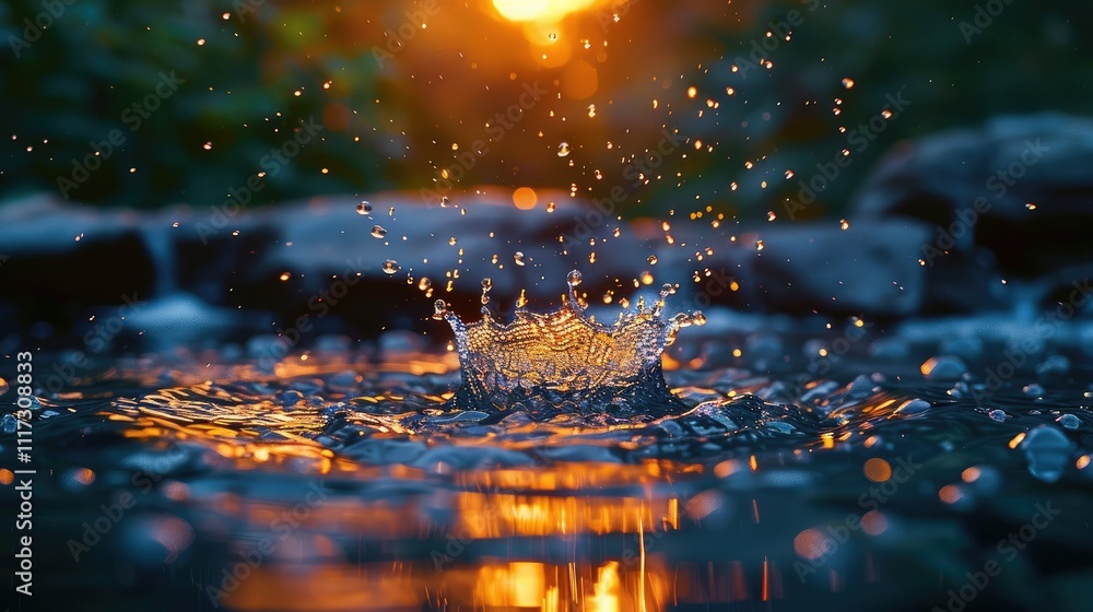 Water droplet crown splash at sunset, reflecting light. Water droplet crown splash at sunset, reflecting light.