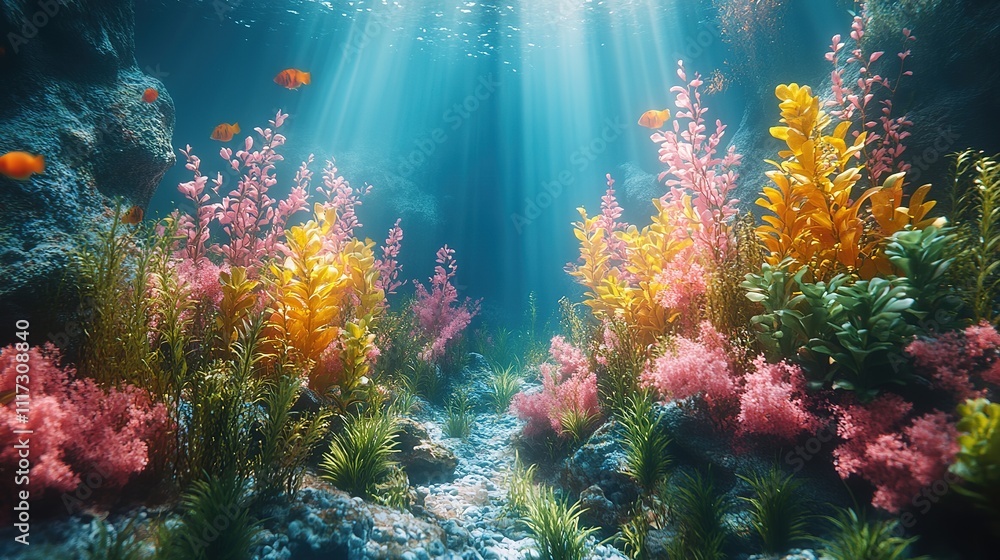Fototapeta premium Sunlight shining into the deep blue sea, 3D rendering. Beautiful plants in natural marine environment