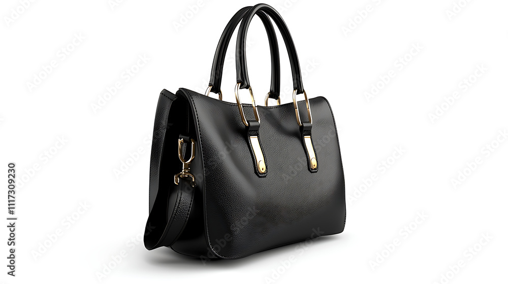 A black purse with gold hardware sits on a white background A black purse with gold hardware sits on a white background