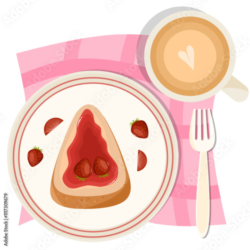 a piece of strawberry cheesecake with red sauce and a cup of coffee flat design illustration style