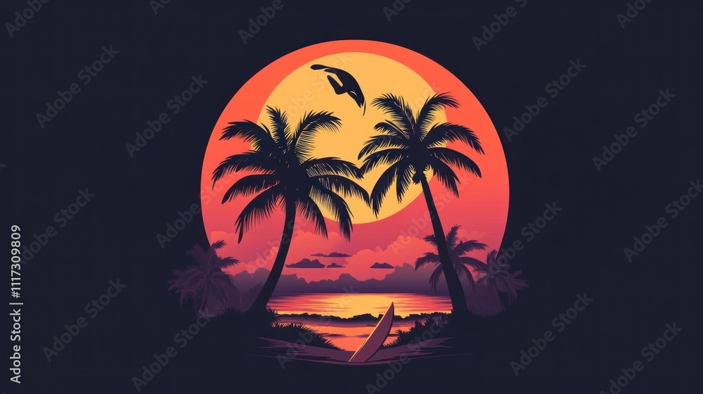 Naklejka premium A vibrant sunset scene with palm trees, a surfer, and a tranquil ocean view.