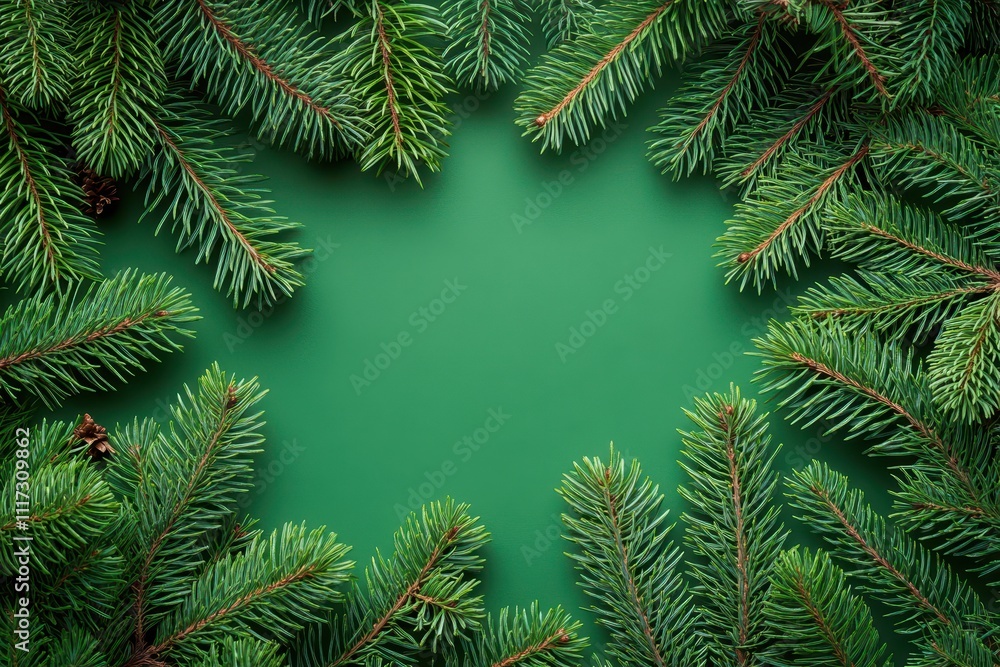 Fir branches frame a green background. Perfect for holiday cards or winter themes. Fir branches frame a green background. Perfect for holiday cards or winter themes.