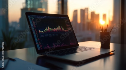 Laptop Displaying Financial Data at Sunset