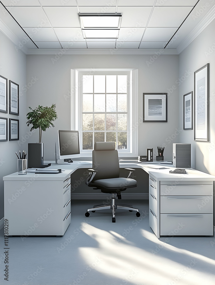 Modern minimalist home office with L-shaped desk, comfortable chair, and natural light. Modern minimalist home office with L-shaped desk, comfortable chair, and natural light.