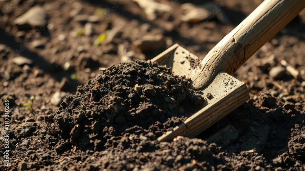 A close-up shot of a wooden shovel resting on the ground, a pile of fresh dirt resting in the scoop. A close-up shot of a wooden shovel resting on the ground, a pile of fresh dirt resting in the scoop.