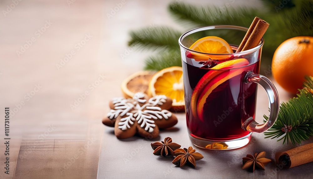 Warm mulled wine with spices and orange slices, perfect for a cozy winter night Warm mulled wine with spices and orange slices, perfect for a cozy winter night