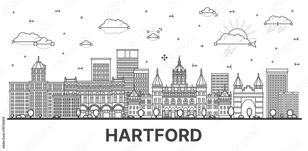 Obraz premium Outline Hartford Connecticut city skyline with modern and historic buildings isolated on white. Hartford USA cityscape with landmarks.