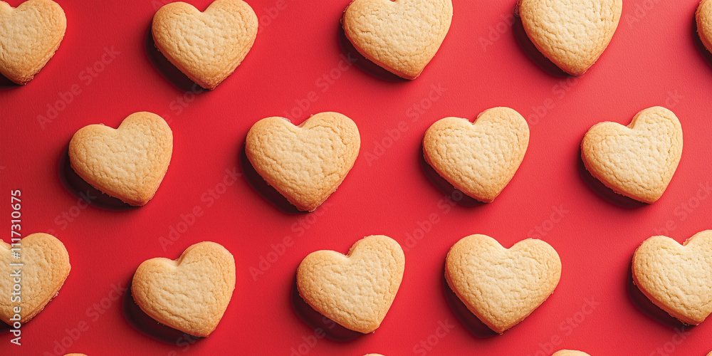 Heart cookies on red background. Happy Valentine Day background. Generated AI Heart cookies on red background. Happy Valentine Day background. Generated AI