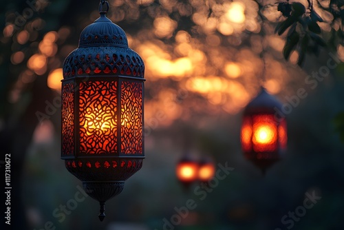 Decorative Arabic lanterns with burning candles at Half moon Shining golden bokeh lights, Eid Mubarak, Ramadan eid dul fitar Muslim holy month Ramadan Kareem, Black dark Oily background photo