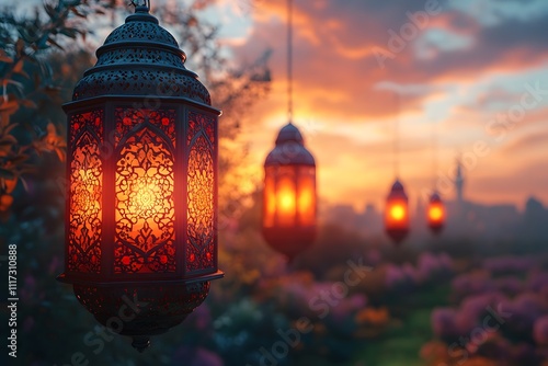 Decorative Arabic lanterns with burning candles at Half moon Shining golden bokeh lights, Eid Mubarak, Ramadan eid dul fitar Muslim holy month Ramadan Kareem, Black dark Oily background photo