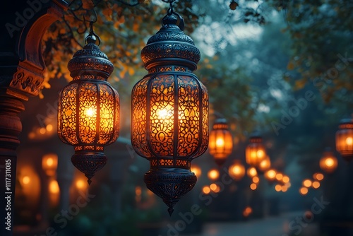 Decorative Arabic lanterns with burning candles at Half moon Shining golden bokeh lights, Eid Mubarak, Ramadan eid dul fitar Muslim holy month Ramadan Kareem, Black dark Oily background photo