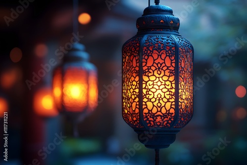 Decorative Arabic lanterns with burning candles at Half moon Shining golden bokeh lights, Eid Mubarak, Ramadan eid dul fitar Muslim holy month Ramadan Kareem, Black dark Oily background photo