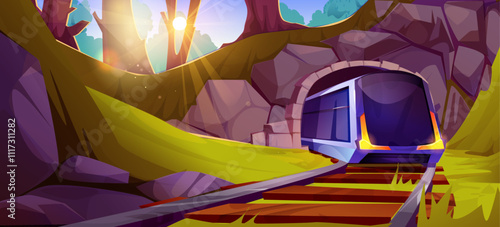 Modern train leaving arch shaped tunnel made in rocky cliff in forest. mountain railway for adventure and travel concept. Wagon driving on highway among trees, stones and grass on sunny day.
