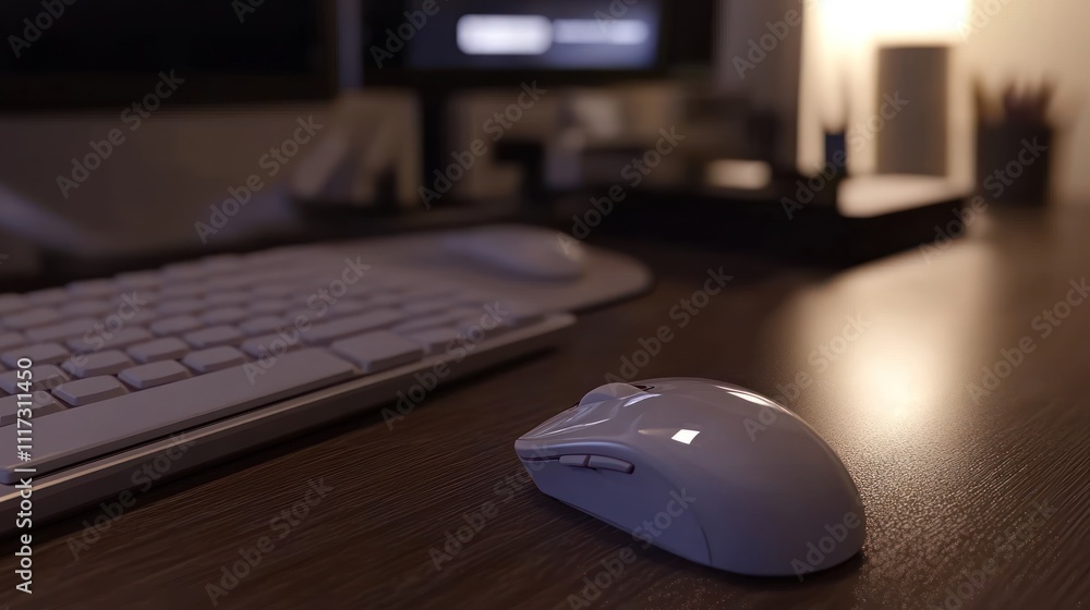 Wireless Mouse and Keyboard on Wooden Desk Wireless Mouse and Keyboard on Wooden Desk