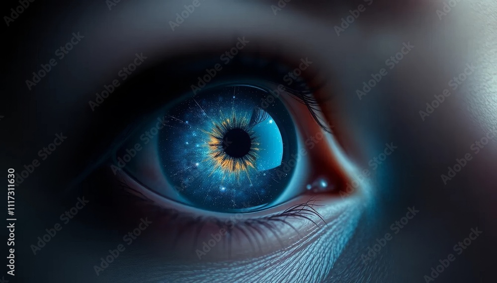 Fototapeta premium Close-up of a human eye reflecting the universe, symbolizing vision and imagination