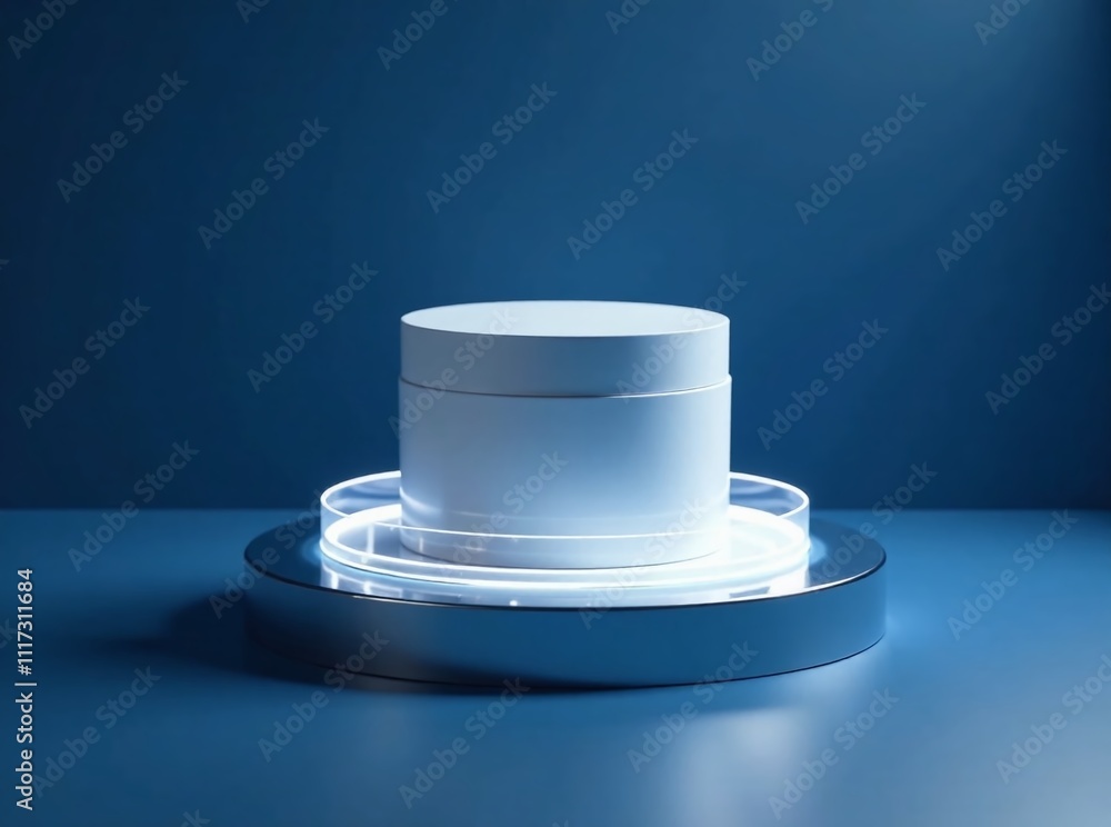 White Container on Silver Platform, Blue Background, Ring, AI Photo, Modern Design, Abstract, Geometric, Minimalist, Product Photography White Container on Silver Platform, Blue Background, Ring, AI Photo, Modern Design, Abstract, Geometric, Minimalist, Product Photography