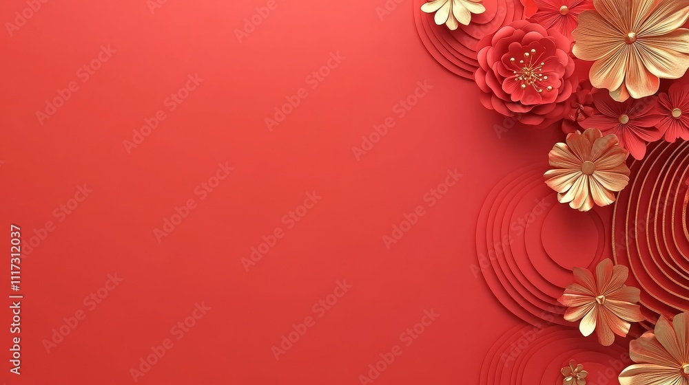 Red background with gold and red flowers, copy space for text. Chinese new year concept. Red background with gold and red flowers, copy space for text. Chinese new year concept.