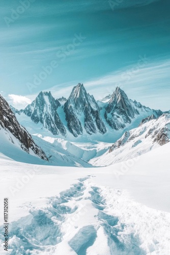 Snow-covered mountains with a clear blue sky and snowy pathway.