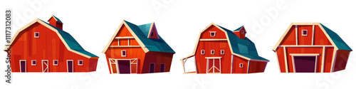 Red farm barns with roofs and windows, closed and open gates. Rustic wooden houses for cattle stable and harvest storage. Wood farmhouse for ranch landscape design. Cartoon vector agricultural homes.