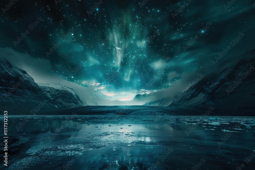 Fototapeta premium A stunning night sky over a serene icy landscape.