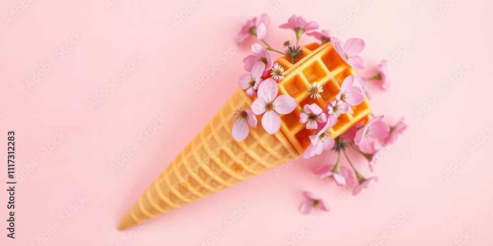 A delicate waffle cone with pink blossoms spilling out, creating a spring-like scene against a soft pastel pink background. A delicate waffle cone with pink blossoms spilling out, creating a spring-like scene against a soft pastel pink background.