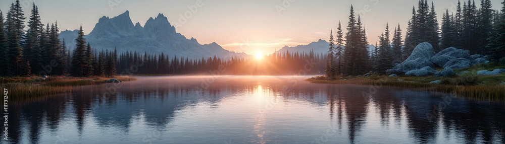 Fototapeta premium Serene sunrise over a mountain lake, reflecting the majestic peaks and tranquil forest.