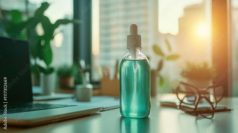 Teal Disinfectant Bottle Sits On Office Desk Near Laptop Teal Disinfectant Bottle Sits On Office Desk Near Laptop