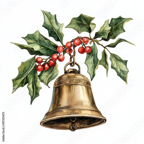 Watercolor painting of a vintage brass Christmas bell with mistletoe, on isolated white background