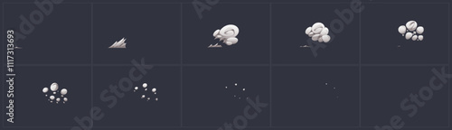 Dust clouds motion. Smoke speed animation vector. Comic steam puff effect for game. Abstract air energy explosion sequence frame set. Car smog trail move and disappear sprite illustration collection