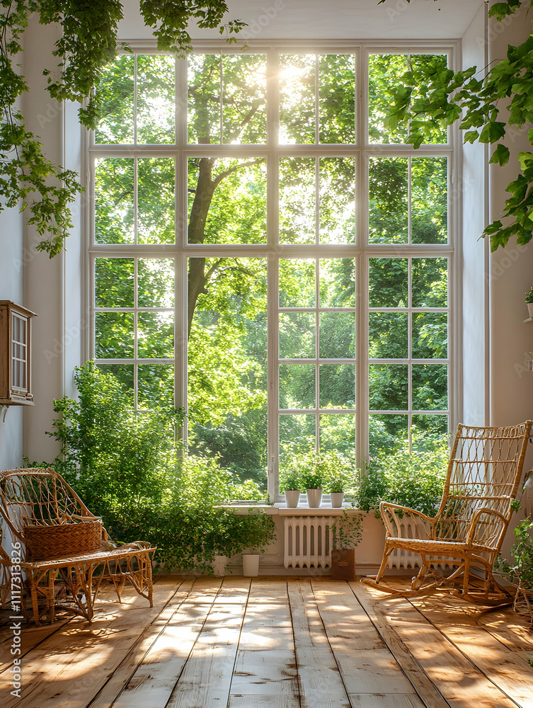 Sunlit room with large window, wooden floor, and wicker chairs, surrounded by plants. Sunlit room with large window, wooden floor, and wicker chairs, surrounded by plants.