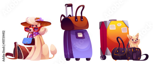 Dog travel with bag. Journey with puppy cartoon. Cute animal passenger with luggage on waiting airplane icon set. Funny tourist companion concept with different suitcase baggage, hat and glasses