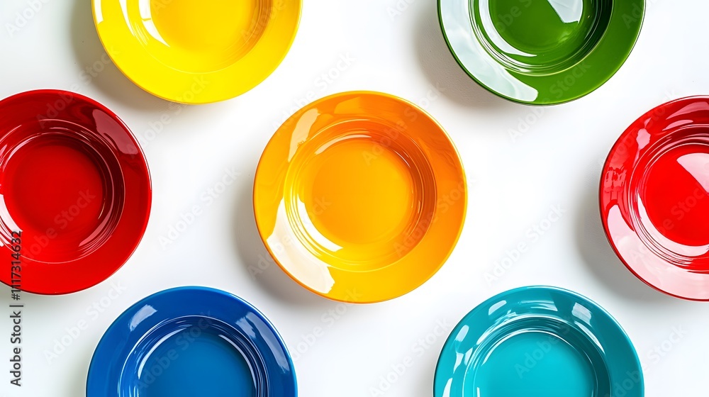 of colorful ceramic plates arranged neatly, isolated on white, with a focus on their smooth texture. Ceramic appliances of colorful ceramic plates arranged neatly, isolated on white, with a focus on their smooth texture. Ceramic appliances