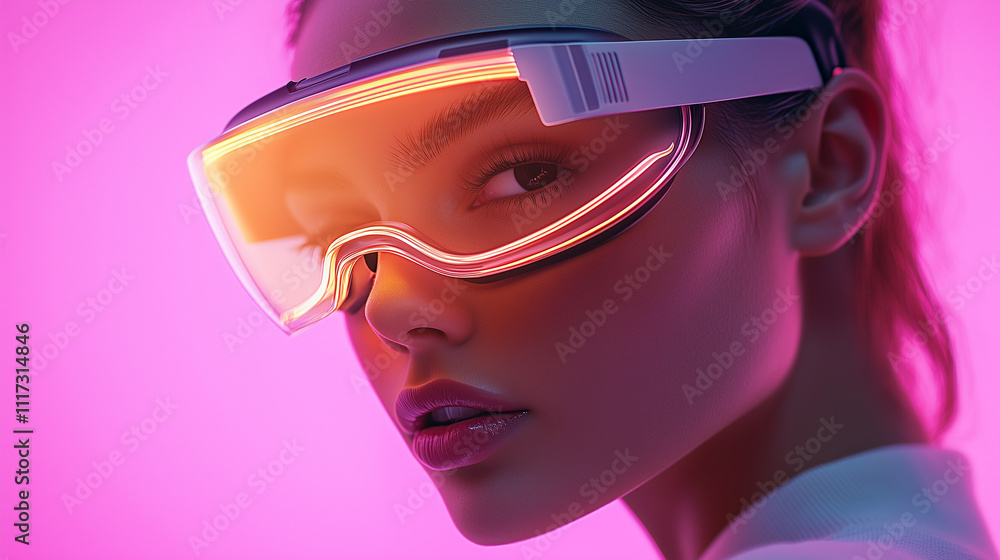 a woman wearing futuristic rounded VR glasses,light up pink and orange neon, vogue cover-shooting,Cinematic Photography, digital elements and holograms flow,artificial intelligence, technological inno a woman wearing futuristic rounded VR glasses,light up pink and orange neon, vogue cover-shooting,Cinematic Photography, digital elements and holograms flow,artificial intelligence, technological inno