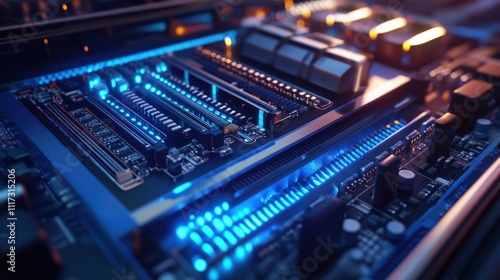 Illuminated Computer Circuit Board Components Close Up