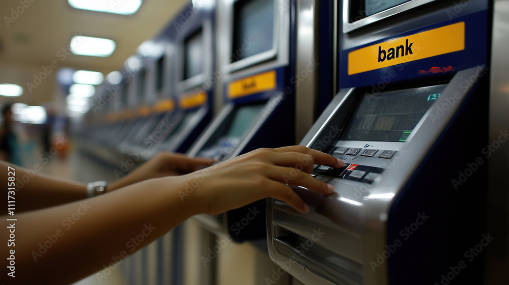 A person is using an automated teller machine to withdraw cash or check their account. The bank is busy with several machines lined up in a bright corridor A person is using an automated teller machine to withdraw cash or check their account. The bank is busy with several machines lined up in a bright corridor