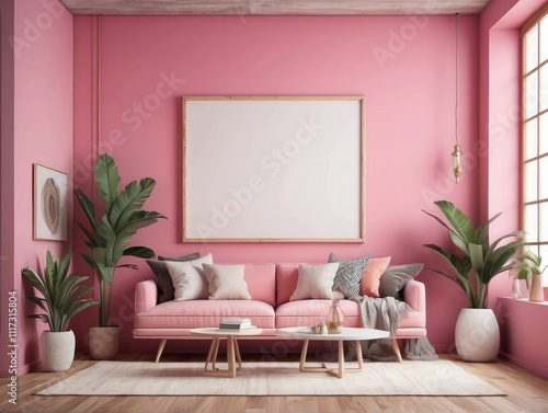 Mockup frame in nomadic boho interior background with rustic decor, pink wall background photo