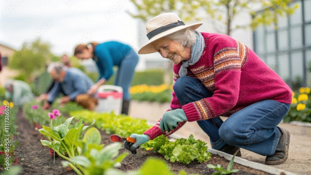 A retiree with gentle features and a vibrant sweater is kneeling in a community garden tending to lush green vegetables. They have a sun hat perched on their head and a small A retiree with gentle features and a vibrant sweater is kneeling in a community garden tending to lush green vegetables. They have a sun hat perched on their head and a small