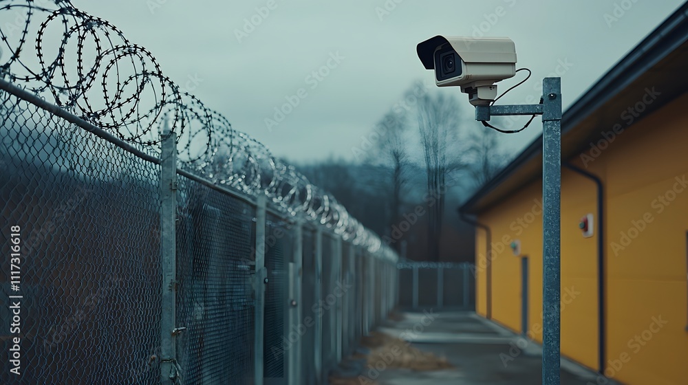 Obraz premium Exterior View of a Prison Facility Featuring Tall Barbed Wire Fence and Surveillance Camera with Cloudy Sky Background